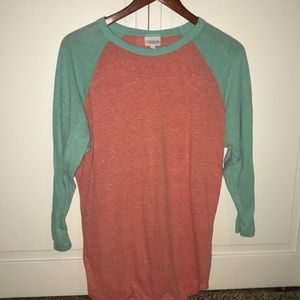 pink tee with blue sleeves-size large